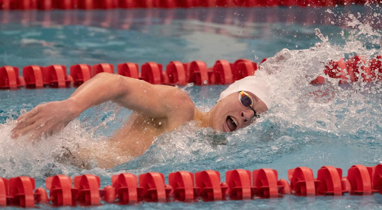 Holmdel Hunter Kuenzel wins the Boys 500 Freestyle event. 2022 Shore Conference Boys Swimming Championship at Neptune, NJ on January 31, 2022. 