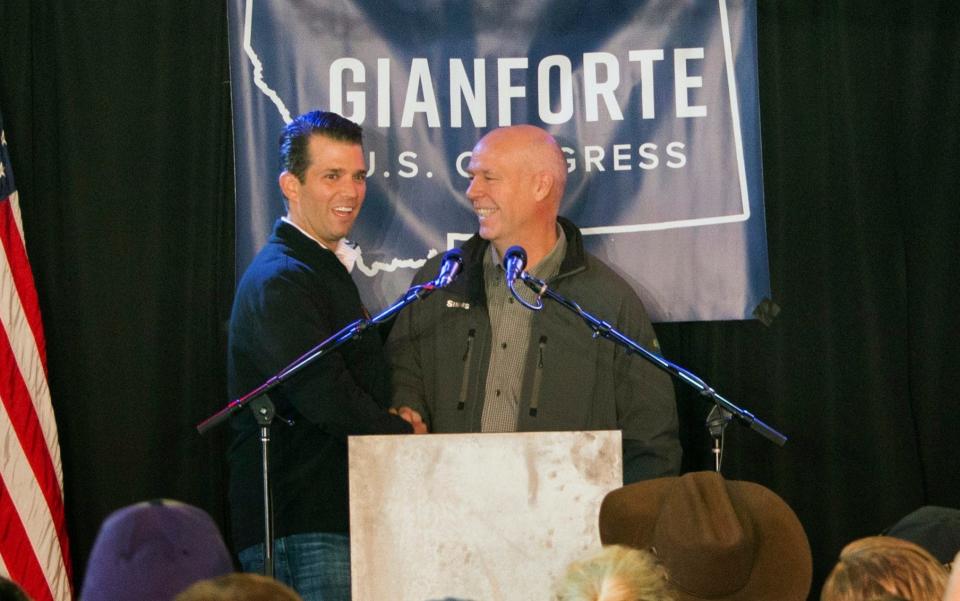 Greg Gianforte, right, with Donald Trump Jr at a rally in East Helena, Montana, earlier in May - Credit: AP