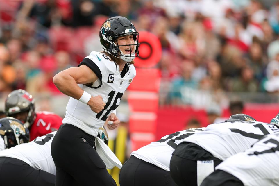 Dec 24, 2023; Tampa, Florida, USA; Jacksonville Jaguars quarterback Trevor Lawrence (16) calls a play at the line against the Tampa Bay Buccaneers in the first quarter at Raymond James Stadium. Mandatory Credit: Nathan Ray Seebeck-USA TODAY Sports