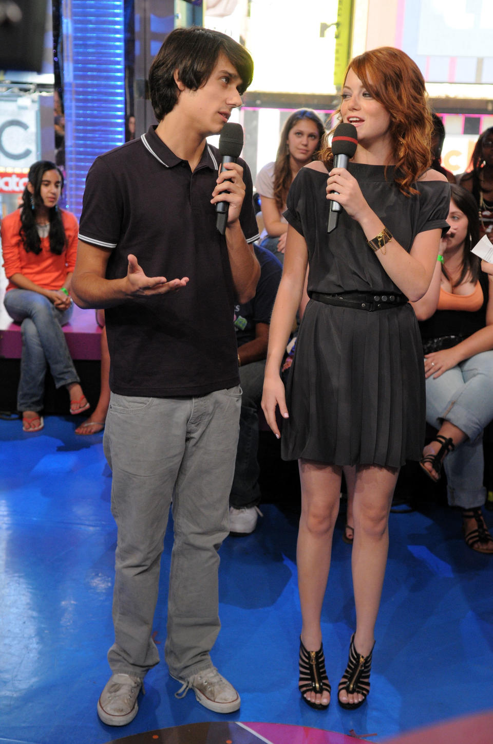 Emma Stone and Teddy Geiger appear on&nbsp;MTV's "TRL" at MTV Studios in&nbsp;2008.