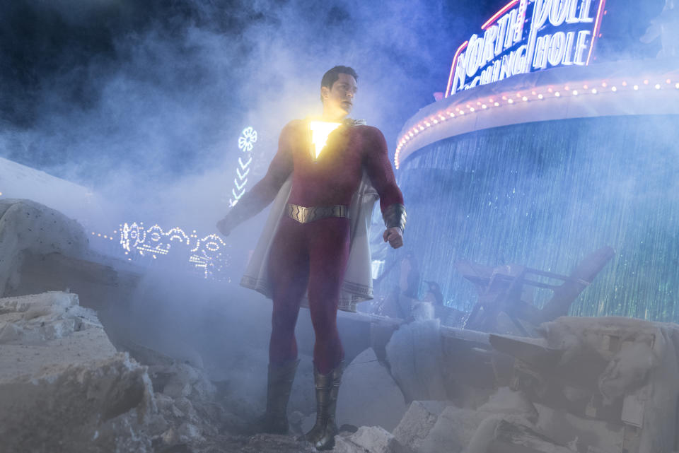 This image released by Warner Bros. shows Zachary Levi in a scene from "Shazam!" (Steve Wilkie/Warner Bros. Entertainment via AP)