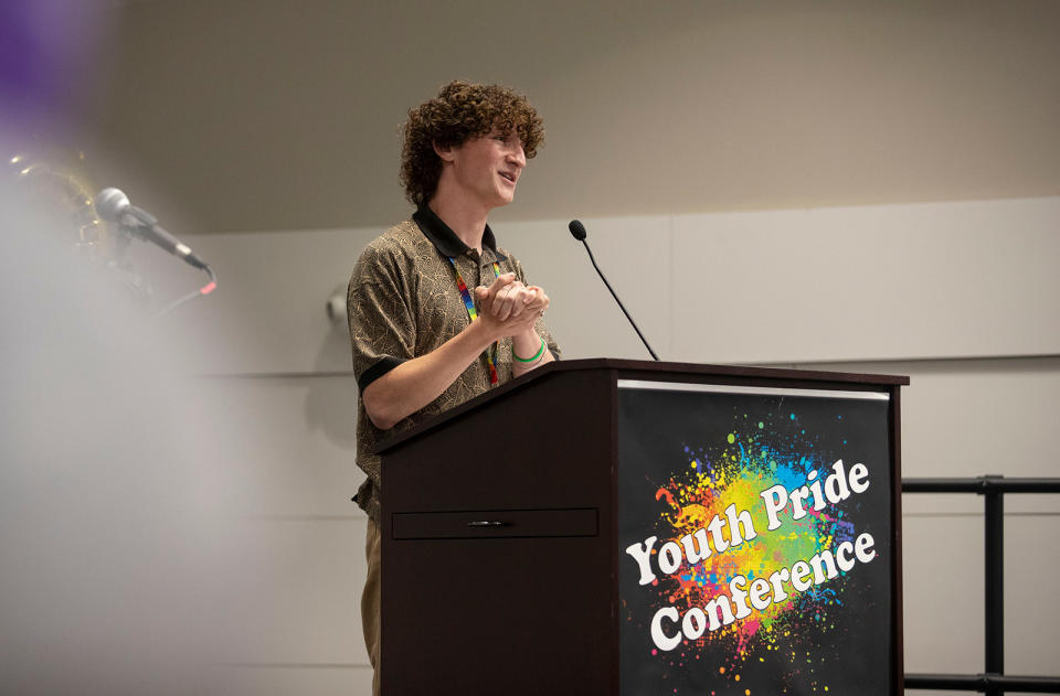Zander Moricz speaks at the 2023 Youth Pride Conference on March 25, 2023, in Naples, Florida.