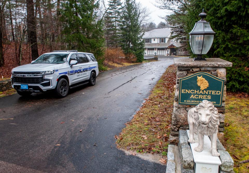 Three residents of this home in Dover, Massachusetts, were found dead Thursday night, Dec. 29, 2023. Norfolk District Attorney Michael Morrissey described the case as an apparent "incident of domestic violence."