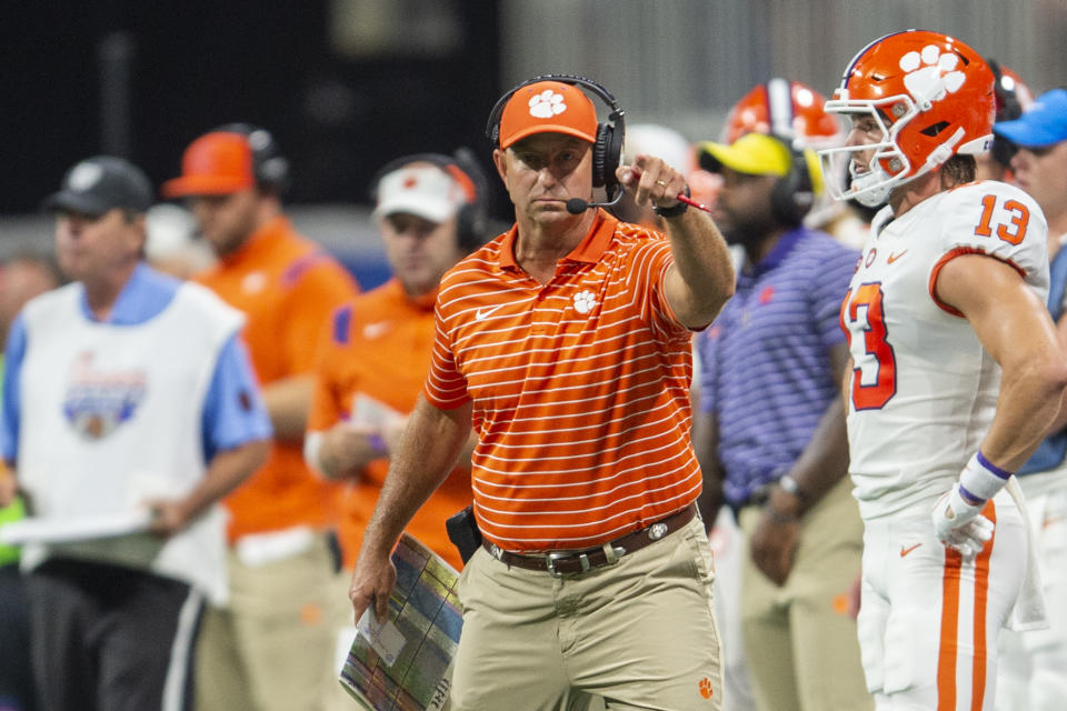 Clemson head coach Dabo Swinney points during the first half of an NCAA college football game against Georgia Tech Monday, Sept. 5, 2022, in Atlanta. (AP Photo/Hakim Wright Sr.)