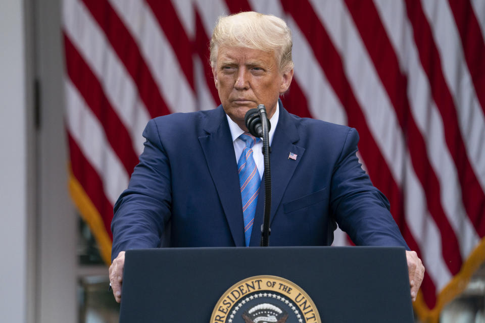 President Donald Trump speaks about coronavirus testing strategy, in the Rose Garden of the White House, Monday, Sept. 28, 2020, in Washington. (AP Photo/Evan Vucci)