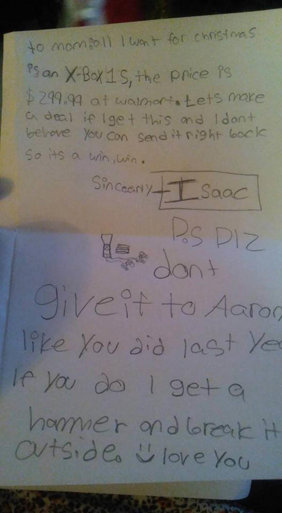 My son's letter (LOL) after telling them a price limit of $30 and under.&nbsp;