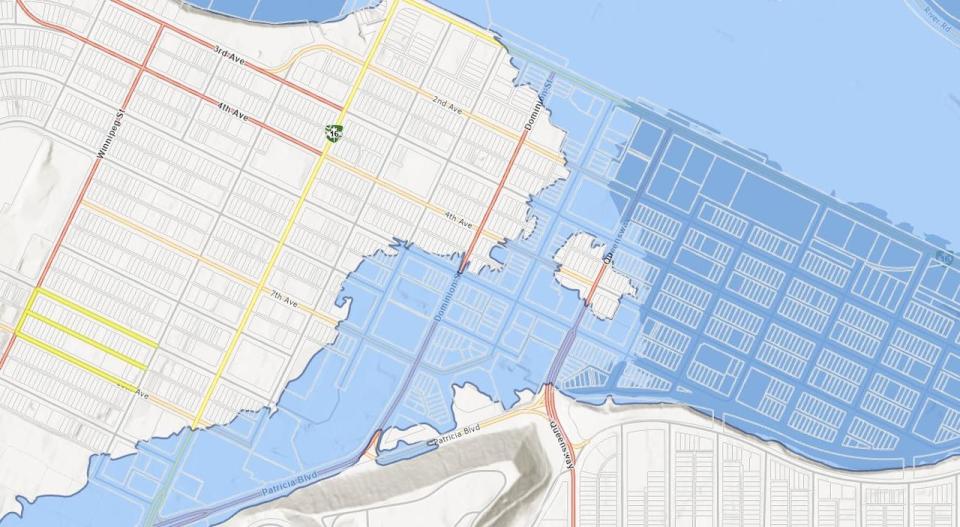 The Province says they oppose the location suggested by the City of Prince george for the transitional shelter facility because it sits on a flood plain. Most of Prince George's downtown area sits on a flood plain, indicated in blue overlay on this map. 