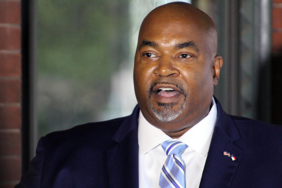 North Carolina Republican Lt. Gov. Mark Robinson speaks during a news conference Tuesday, Oct. 12, 2021 in Raleigh, N.C. North Carolina Republican Lt. Gov. Mark Robinson on Tuesday again declined to apologize for remarks he made in June criticizing sexual education in public schools and likening gay and transgender people to “filth.”(AP Photo/Bryan Anderson)