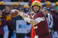 Minnesota quarterback Tanner Morgan (2) passes against Nebraska in the third quarter of an NCAA college football game, Saturday, Oct. 16, 2021, in Minneapolis. Minnesota won 30-23. (AP Photo/Bruce Kluckhohn)