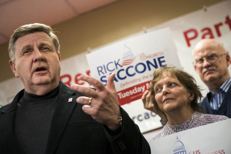 Republican Rick Saccone speaks at a get-out-the-vote event in Pittsburgh on Friday. His opposition to labor union priorities has unified organized labor against him. (Photo: Drew Angerer/Getty Images)