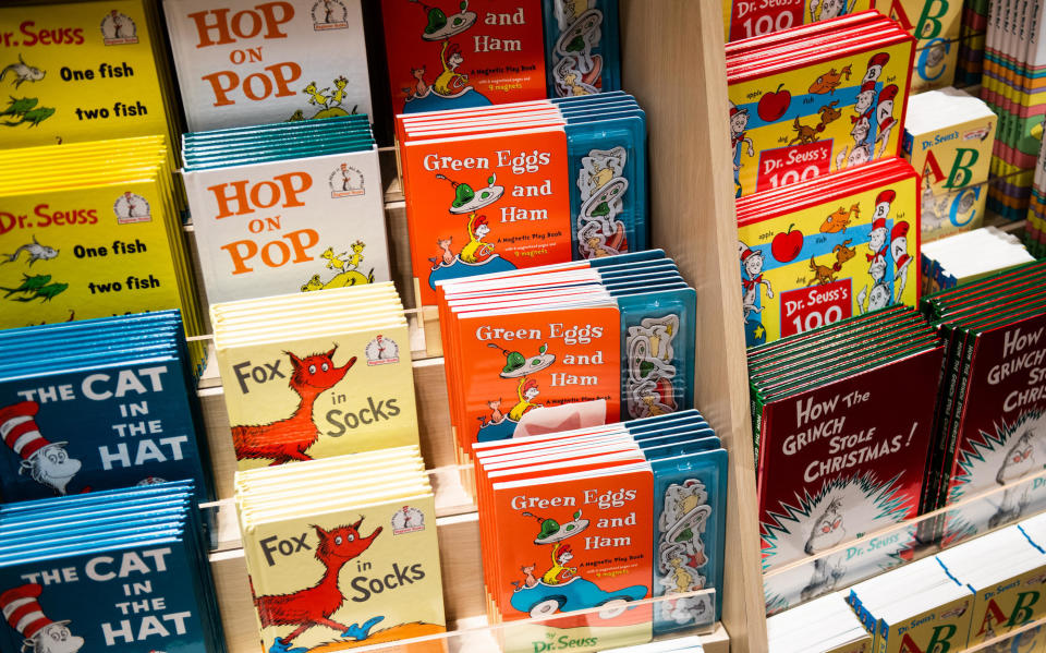 Dr. Seuss books on a shelf at Toys R Us in 2019.  / Credit: Mark Kauzlarich/Bloomberg via Getty