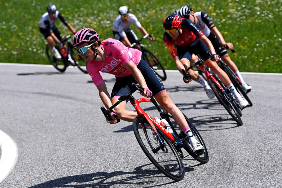 VAL DI ZOLDO  PALAFAVERA ITALY  MAY 25 Geraint Thomas of The United Kingdom and Team INEOS Grenadiers  Pink Leader Jersey competes during the 106th Giro dItalia 2023 Stage 18 a 161km stage from Oderzo to Val di Zoldo  Palafavera 1514m  UCIWT  on May 25 2023 in Val di Zoldo  Palafavera Italy Photo by Tim de WaeleGetty Images