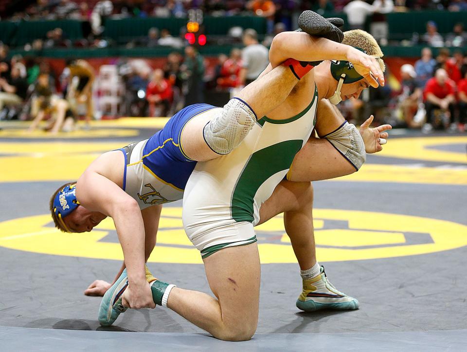 Madison's Hunter Hutcheson wrestles Chardon NDCL's Bryce Wheatley during their 190 lbs. match at the OHSAA State Wrestling Championships Sunday, March 12, 2023 at the Jerome Schottenstein Center. . TOM E. PUSKAR/ASHLAND TIMES-GAZETTE