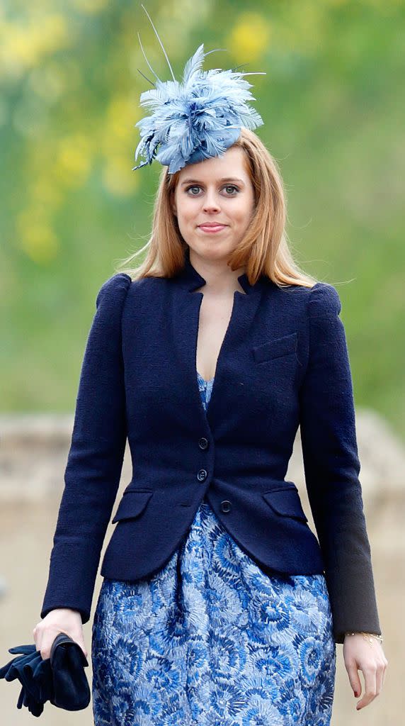 <p>Here is Beatrice wearing a blue ensemble to the <a href="https://www.townandcountrymag.com/society/tradition/g19651280/photos-kate-middleton-royal-family-easter-2018/" rel="nofollow noopener" target="_blank" data-ylk="slk:Easter Service;elm:context_link;itc:0;sec:content-canvas" class="link ">Easter Service</a> at St George's Chapel at Windsor Castle.</p>