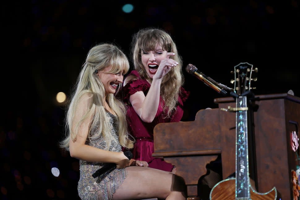 Taylor Swift performs with Sabrina Carpenter at Accor Stadium on February 23, 2024 in Sydney, Australia.