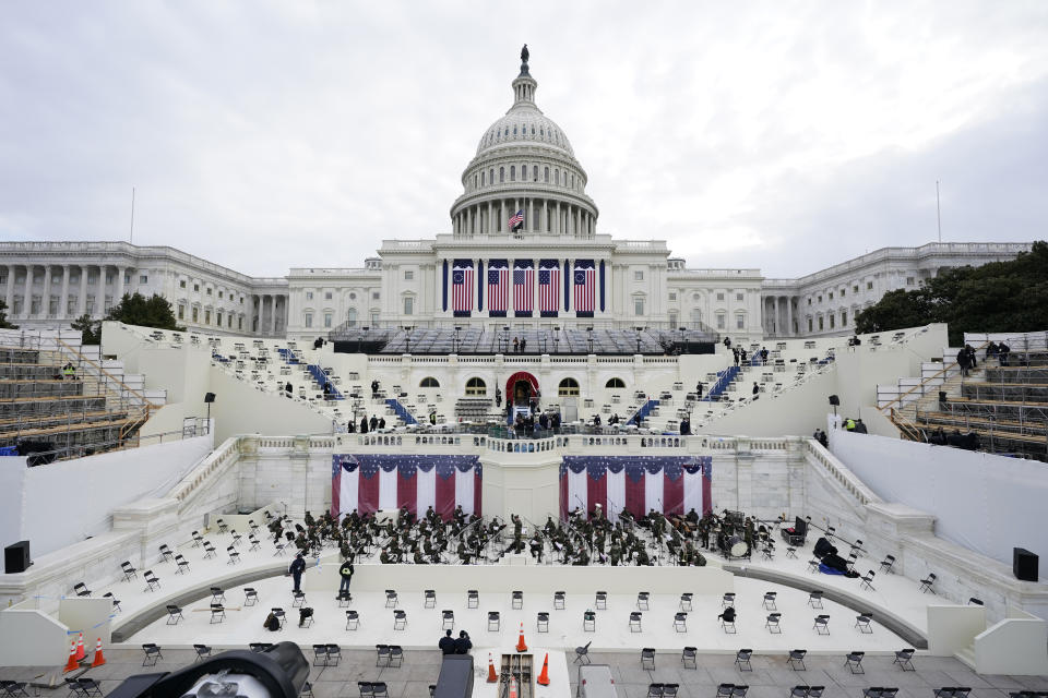 Preparations are made prior to a dress rehearsal for the 59th inaugural ceremony for President-elect Joe Biden and Vice President-elect Kamala Harris on Monday, January 18, 2021 at the U.S. Capitol in Washington. (AP Photo/Patrick Semansky, Pool)