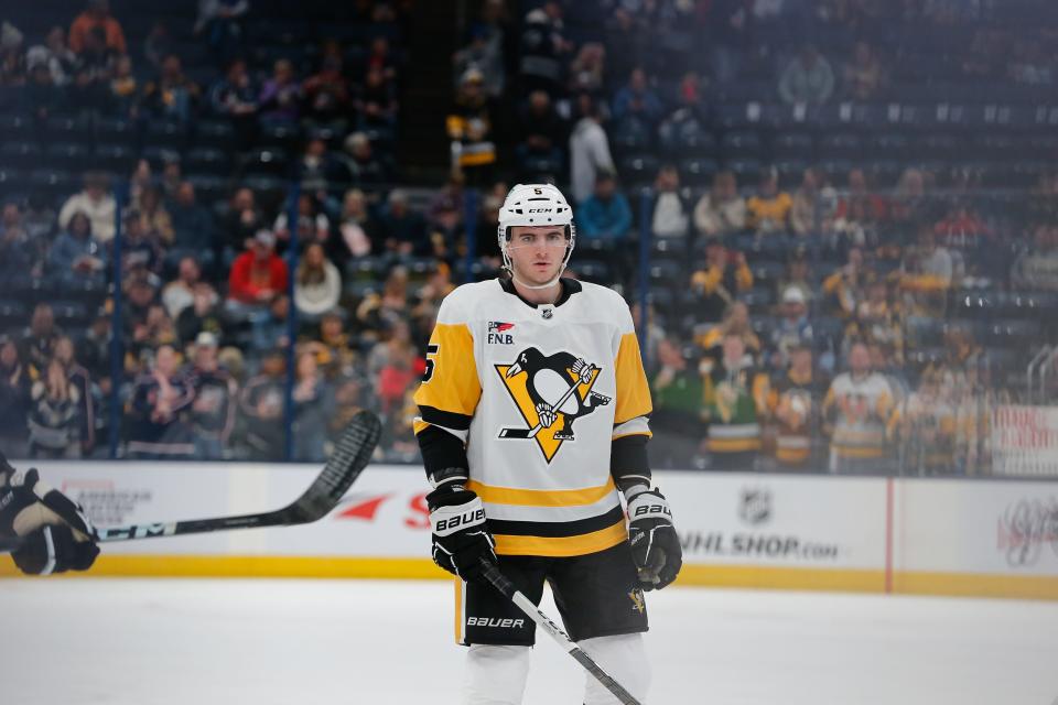 Pittsburgh Penguins defenseman Ryan Shea (5) during pregame warmup against the Columbus Blue Jackets at Nationwide Arena on March 30, 2024.