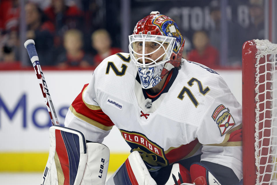 Florida Panthers goaltender Sergei Bobrovsky (72) watches the puck against the Carolina Hurricanes during the second period of Game 2 of the NHL hockey Stanley Cup Eastern Conference finals in Raleigh, N.C., Saturday, May 20, 2023. (AP Photo/Karl B DeBlaker)