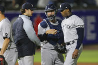 New York Yankees relief pitcher Aroldis Chapman, right, celebrates the team's 3-2 victory over the Toronto Blue Jays with catcher Gary Sanchez, center, and pitcher Gerrit Cole, left, in a baseball game Wednesday, June 16, 2021, in Buffalo, N.Y. (AP Photo/Jeffrey T. Barnes)