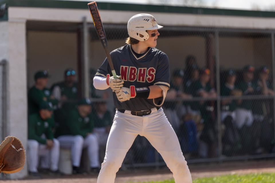 Brock Budacki awaits the first pitch of his first at bat of the game in the first inning of the Lions WPIAL Class 2A Section II battle against Laurel on April 22.