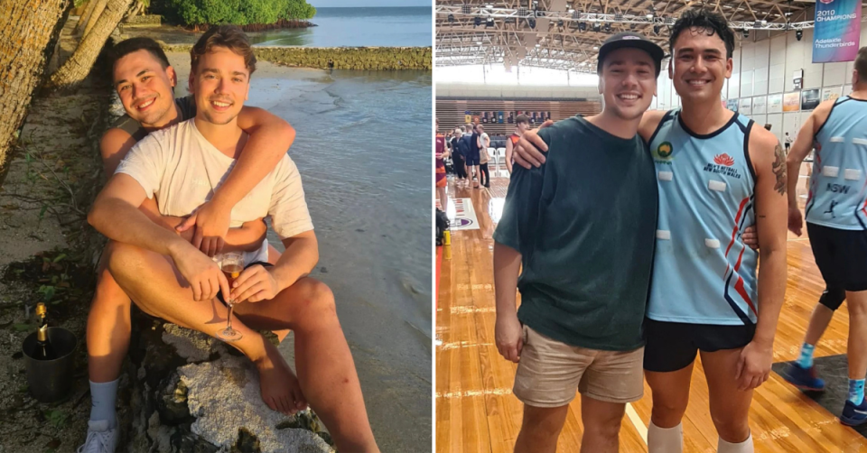 Home and Away actor Lukas Radovich with boyfriend Australian men's netball player Liam Forcadilla on a beach and on the netball court. 