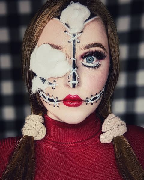 <p>Make the most of your stash of cotton wool by adding a realistic 'unstuffed' edge to your doll make-up this Halloween.</p><p><a href="https://www.instagram.com/p/CVP5BI7L3UK/" rel="nofollow noopener" target="_blank" data-ylk="slk:See the original post on Instagram;elm:context_link;itc:0;sec:content-canvas" class="link ">See the original post on Instagram</a></p>