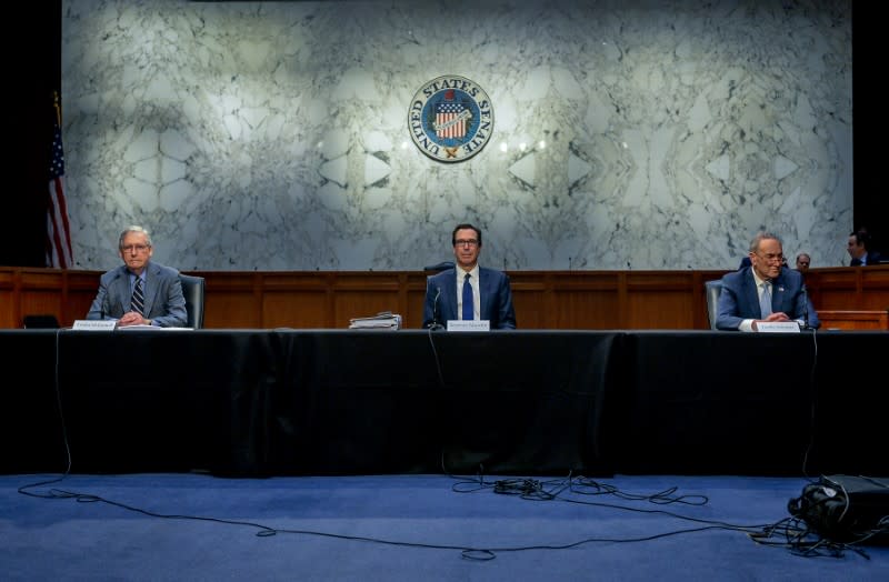 U.S. Senate Majority Leader Mitch McConnell (R-KY) and U.S. Senate Minority Leader Chuck Schumer (D-NY) meet with Treasury Secretary Steve Mnuchin to wrap up work on coronavirus economic aid legislation, in Washington