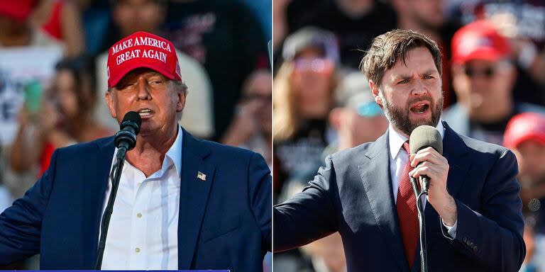 (COMBO) This combination of pictures created on July 15, 2024 shows Former US President and Republican presidential candidate Donald Trump in Doral, Florida, on July 9, 2024 and US Senator JD Vance, Republican of Ohio, in Vandalia, Ohio, on March 16, 2024. Donald Trump on July 15 named right-wing Ohio Senator J.D. Vance as his running mate in the US presidential election, rewarding a one-time harsh critic who became one of his most loyal supporters in Congress.
Trump unveiled his pick on Truth Social as supporters gathered in Milwaukee for the Republican Party convention, an extravaganza turbocharged by the attempted assassination of the former president. (Photo by Giorgio Viera and KAMIL KRZACZYNSKI / AFP)