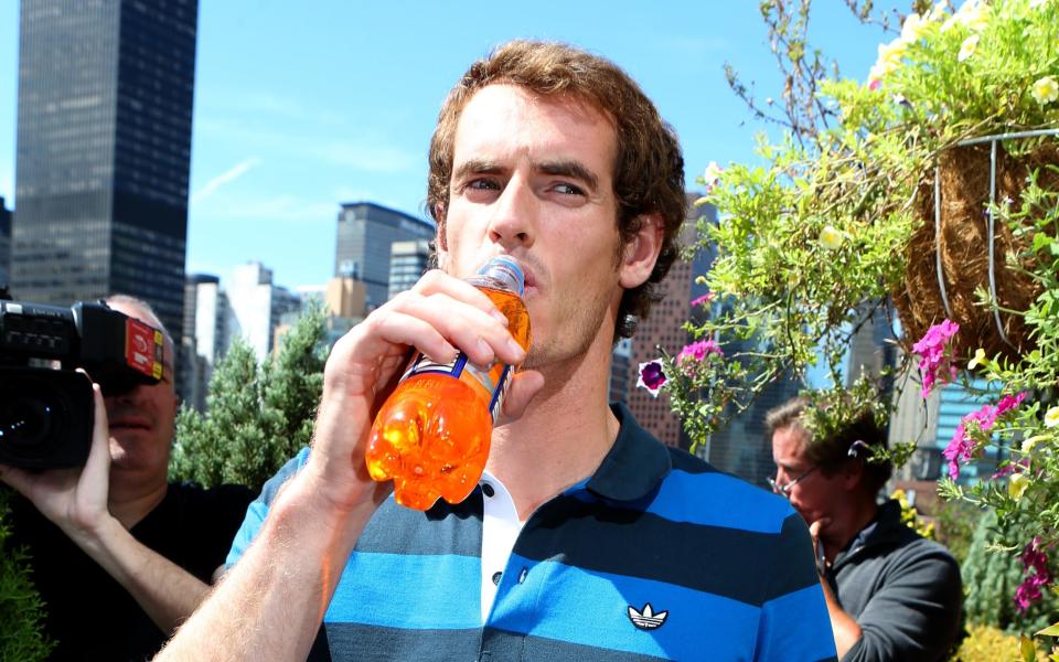 Tennis player Andy Murray drinking Irn Bru, made by AG Barr