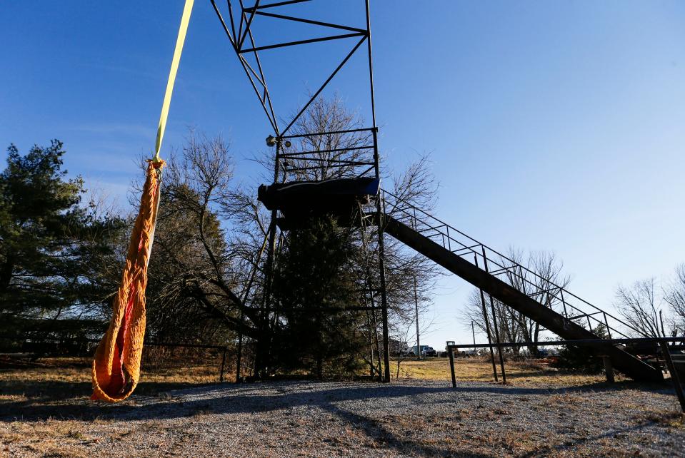 A rope swing at Doennig Sport Swings and Ozark Pinball in Ozark on Monday, Feb. 5, 2024. Opened in 1985, the sports park formerly housed the Ozark Barn Swings, which contained 13 rope swings inside a 15,000-square-foot barn. The barn burned down in 2006.
