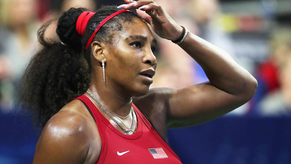 Serena Williams is pictured reacting to a point during the 2020 Fed Cup.