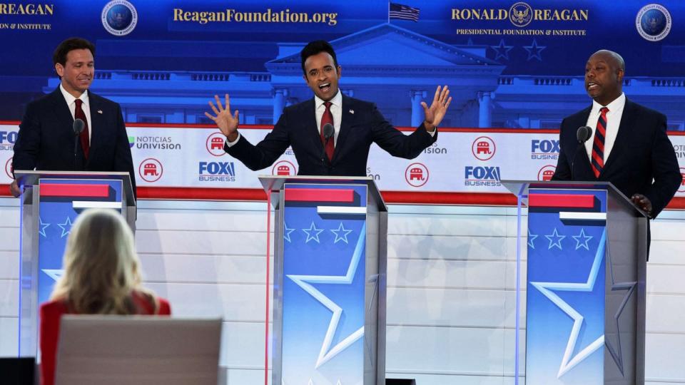 PHOTO: Fla. Gov. Ron DeSantis, executive Vivek Ramaswamy and Sen. Tim Scott debate during the second Republican candidates' debate of the 2024 U.S. presidential campaign at the Ronald Reagan Presidential Library in Simi Valley, Calif., on Sept. 27, 2023. (Mike Blake/Reuters)