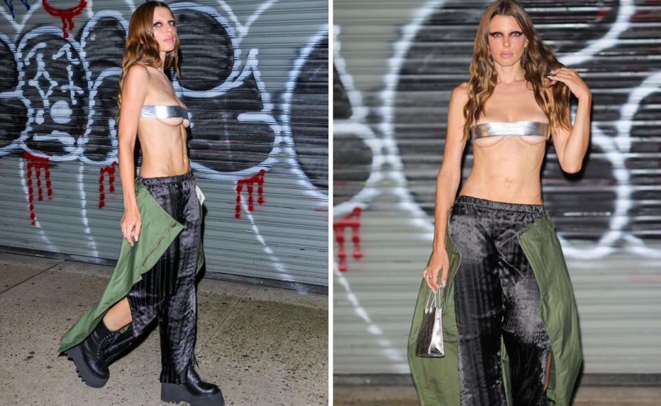 Two photos of Julia Fox in New York City wearing a duct tape bikini