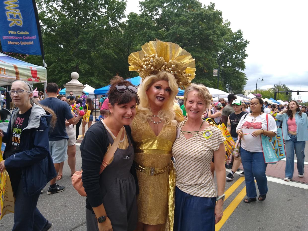 From left, District 1 City Councilor Jenny Pacillo, Worcester Pride's First Majesty Worcester Dale LePage and ArtWorcester Executive Director Juliet Feibel attend the Pride Worcester Festival Saturday in downtown Worcester.