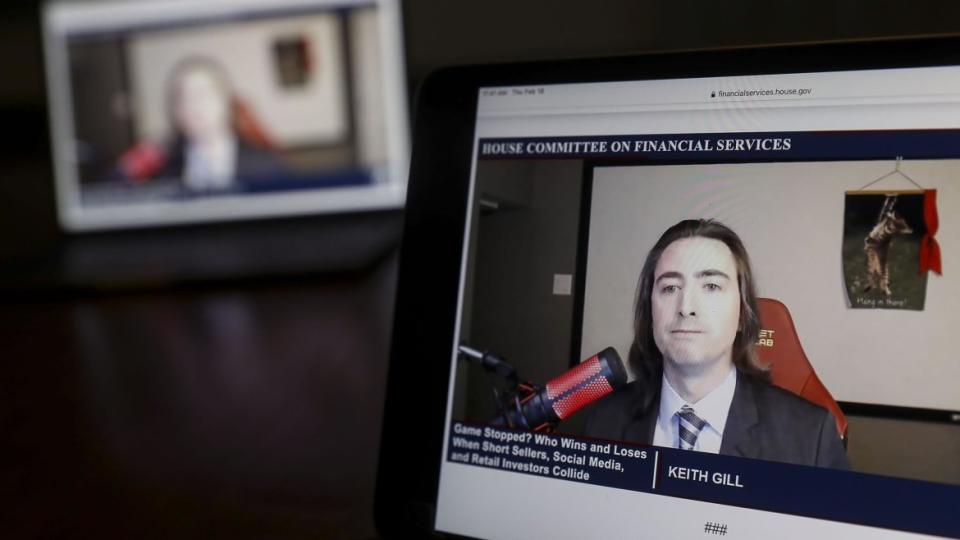 <div class="inline-image__caption"><p>Keith Gill, a Reddit user credited with inspiring GameStop's rally, speaks virtually during a House Financial Services Committee hearing on a laptop computer in Tiskilwa, Illinois, U.S., on Thursday, Feb. 18, 2021.</p></div> <div class="inline-image__credit">Bloomberg/Getty</div>