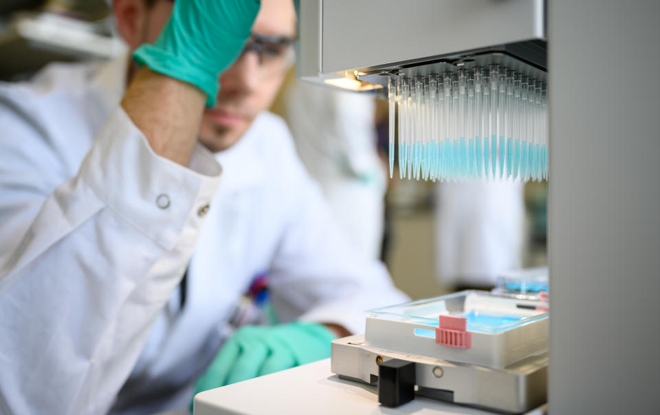 24 February 2020, Baden-Wuerttemberg, Tübingen: A man pipettes a blue liquid in a laboratory of the biopharmaceutical company Curevac. (to dpa: "Tübingen company tinkering with the enemy's profile") Photo: Sebastian Gollnow/dpa (Photo by Sebastian Gollnow/picture alliance via Getty Images)