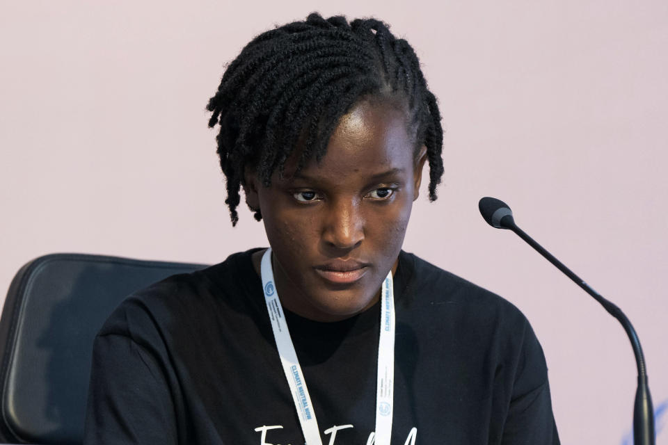 Climate activist Vanessa Nakate, of Uganda, speaks on a panel with other youth at the COP27 U.N. Climate Summit, Wednesday, Nov. 9, 2022, in Sharm el-Sheikh, Egypt. (AP Photo/Nariman El-Mofty)