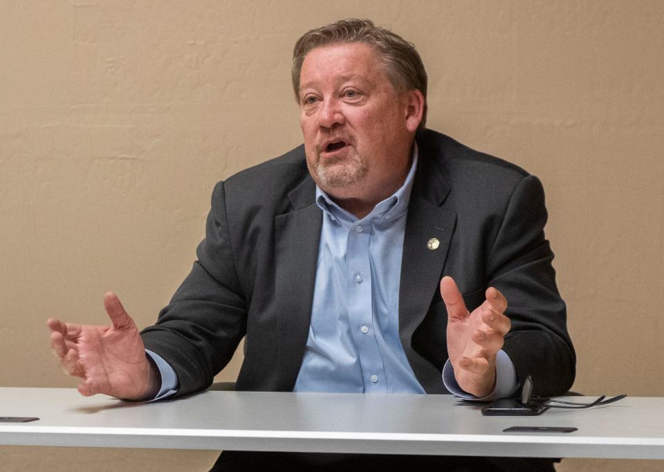 Steve Ding, candidate for San Joaquin County Supervisor District 4, has a conversation at the Stockton Record in downtown Stockton on Friday, Oct. 28, 2022.