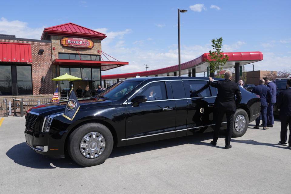 President Joe Biden’s limosine is seen outside Sheetz, where the President stopped enroute to Pittsburgh International Airport, Wednesday, April 17, 2024, in Pittsburgh, Pa. (AP Photo/Alex Brandon)