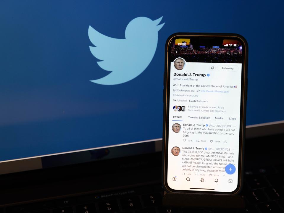 In this photo illustration, a reactivated Twitter profile of the former US President Donald Trump. Elon Musk reinstated him back on the social media platform on November 20, 2022.