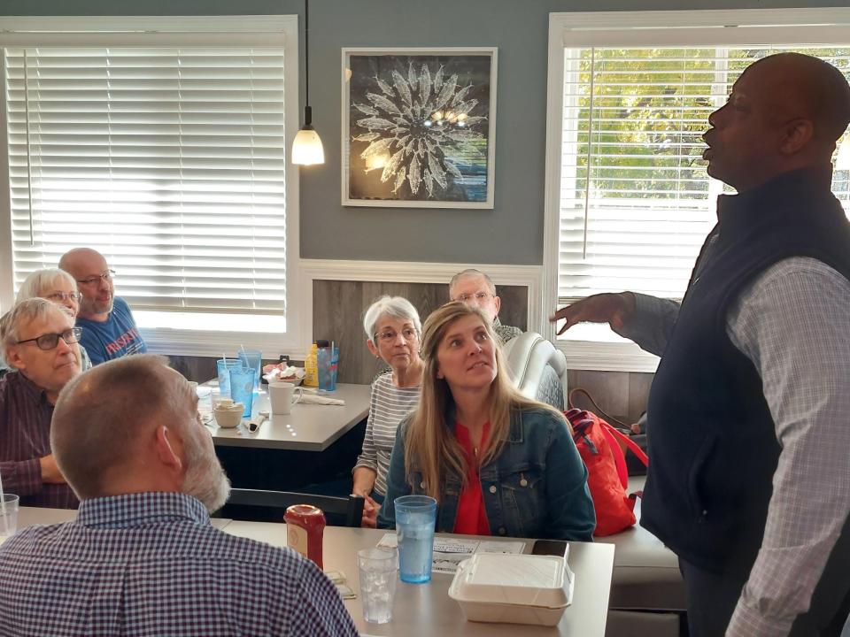 Republican presidential candidate Sen. Tim Scott speaks during a campaign stop Saturday, Oct. 21, 2023, at the City Limits Restaurant in Maquoketa.