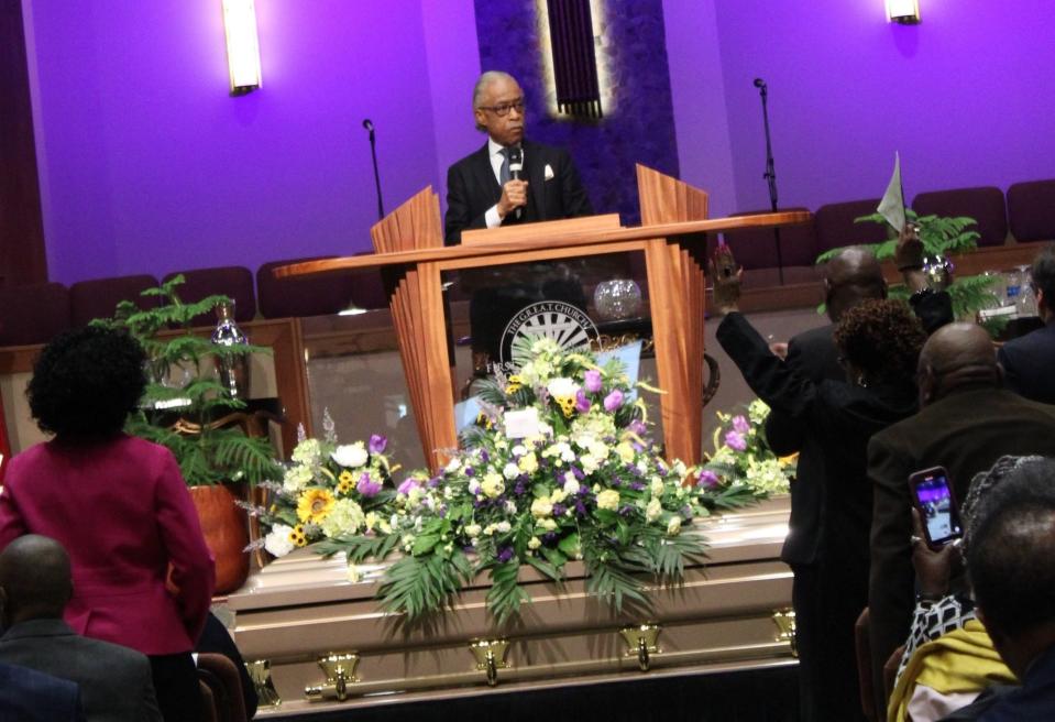The Rev. Al Sharpton gives his eulogy for Irvo N. Otieno at First Baptist Church in Chesterfield on March 29, 2023.