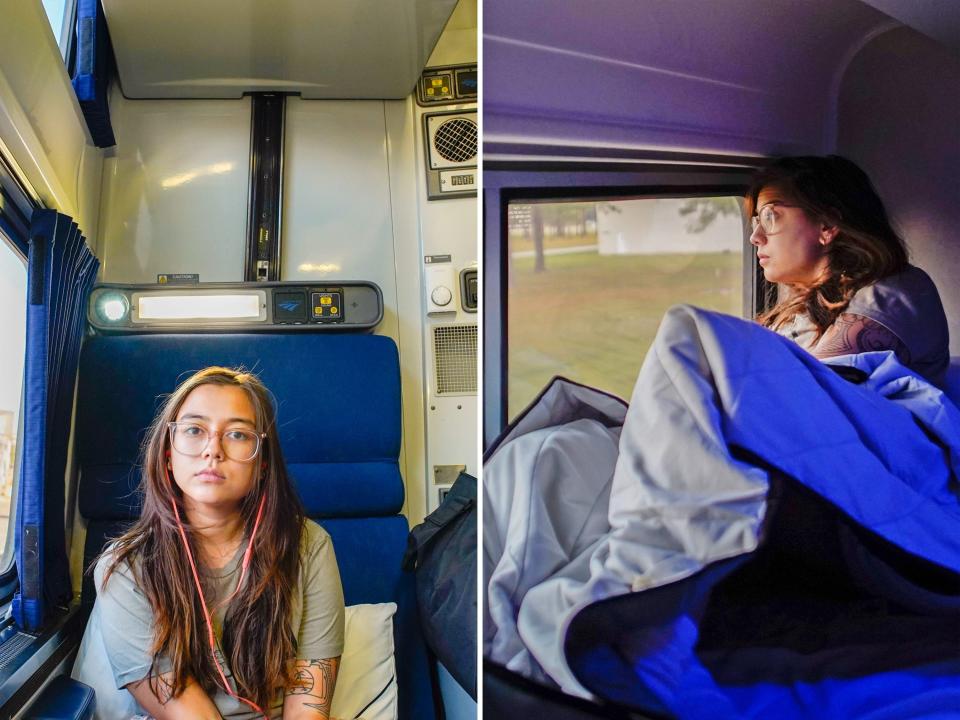 The author is seen relaxing in a chair on the left and a bed on the right — both photos are in the romette of an Amtrak car