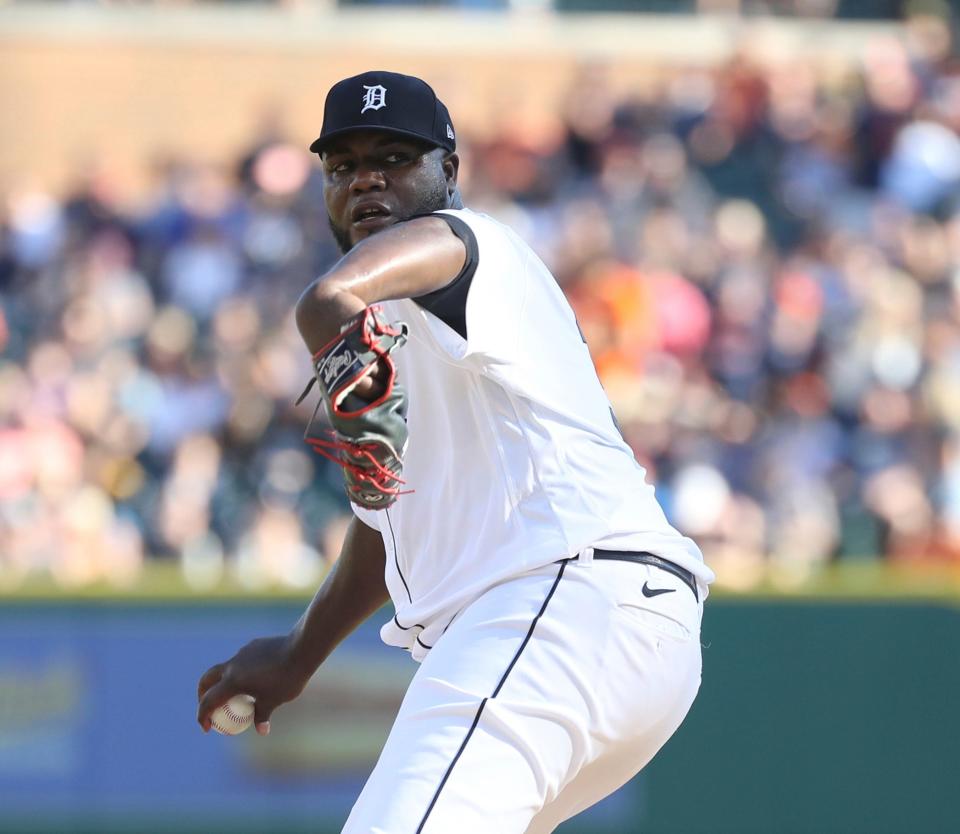 Detroit Tigers starter Michael Pineda (38) pitches against the Minnesota Twins during first inning action at Comerica Park Saturday, July 23, 2022. 