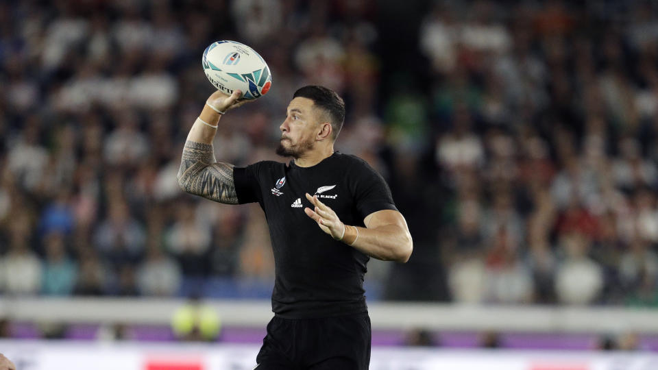 New Zealand's Sonny Bill Williams looks to pass the ball during the Rugby World Cup semifinal at International Yokohama Stadium between New Zealand and England in Yokohama, Japan, Saturday, Oct. 26, 2019. (AP Photo/Mark Baker)