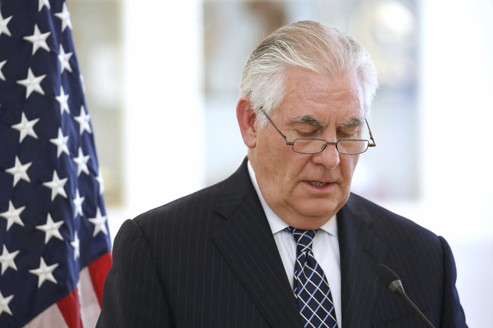 One day before he was ousted, now former&nbsp;Secretary of State Rex Tillerson addresses a news conference with Chad's Foreign Minister Mahamat Zene Cherif in N'Djamena, Chad. (Photo: JONATHAN ERNST via Getty Images)