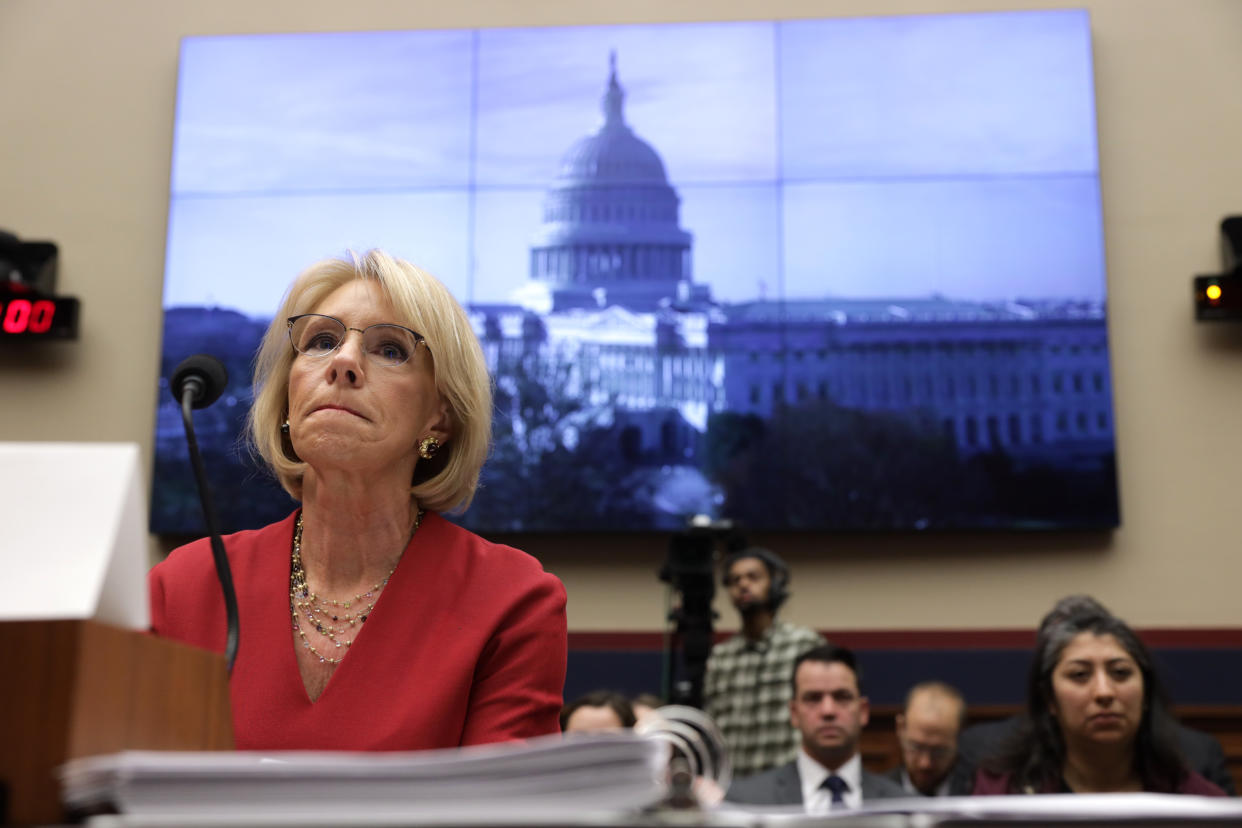 WASHINGTON, DC - DECEMBER 12:  U.S. Secretary of Education Betsy DeVos testifies during a hearing before House Education and Labor Committee December 12, 2019 on Capitol Hill in Washington, DC. The committee held a hearing on "Examining the Education Department's Implementation of Borrower Defense."  (Photo by Alex Wong/Getty Images)