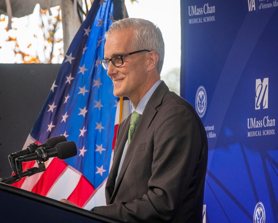 U.S. Secretary for Veterans Affairs Denis McDonough speaks at the opening of a new VA outpatient clinic on the UMass Chan Medical School campus Monday in Worcester.