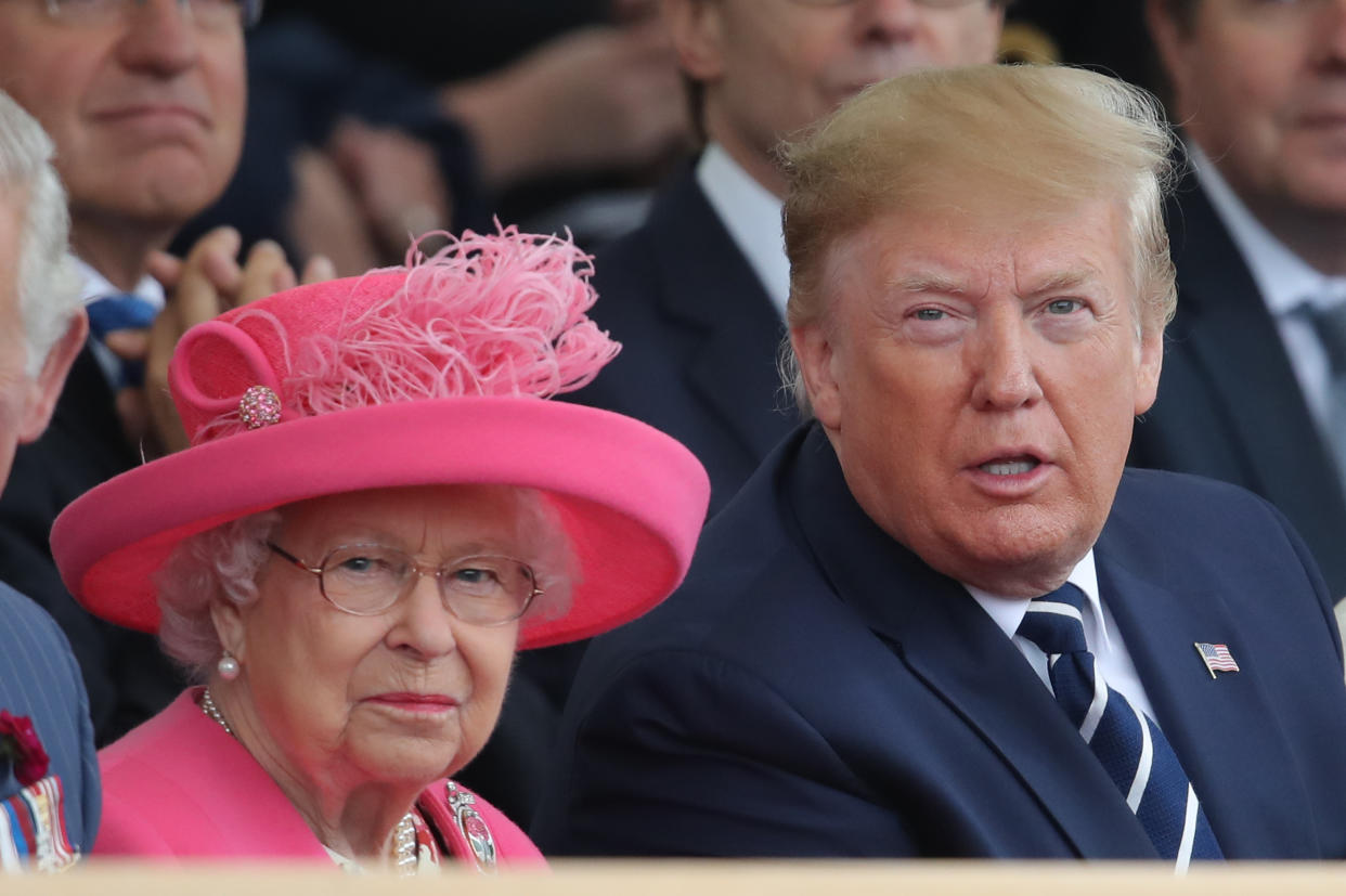 EMBARGOED TO 0001 MONDAY JANUARY 18 File photo dated 05/06/19 of Queen Elizabeth II and US President Donald Trump during the commemorations for the 75th Anniversary of the D-Day landings at Southsea Common in Portsmouth. The Donald Trump baby blimp has been 