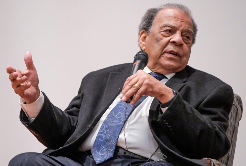 Andrew Young speaks at the Civil Rights Symposium on the Alabama State University campus in Montgomery, Ala., on Thursday February 16, 2023.
